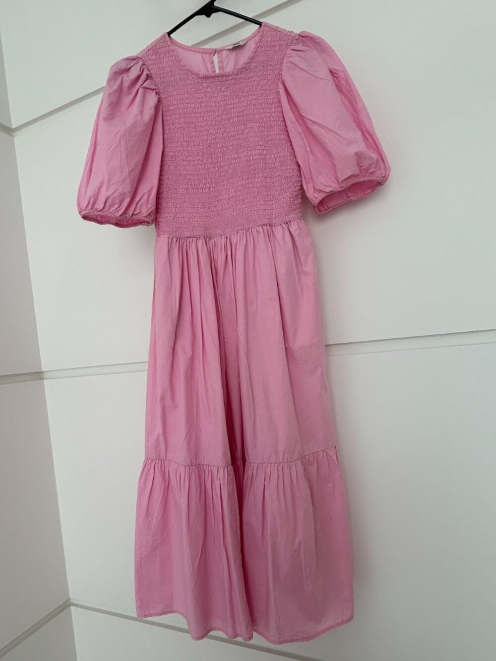 ONLY Blue Denim 100% Cotton Pink Smocked Midi Dress Size S Puff Sleeve